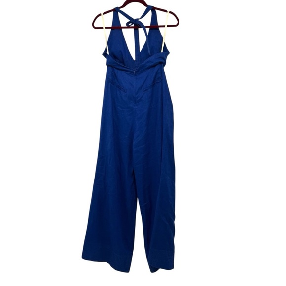 Farm Rio Blue Linen Halter Back Wide Leg Pleated Jumpsuit Women’s XS - Picture 12 of 16